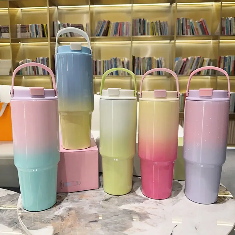 Stainless Steel Tumbler with Handle & Dual Tone | Dual Sipper & 1200 Ml | Glossy Finishing | Assorted Colors | Box Packing ( 349-5)