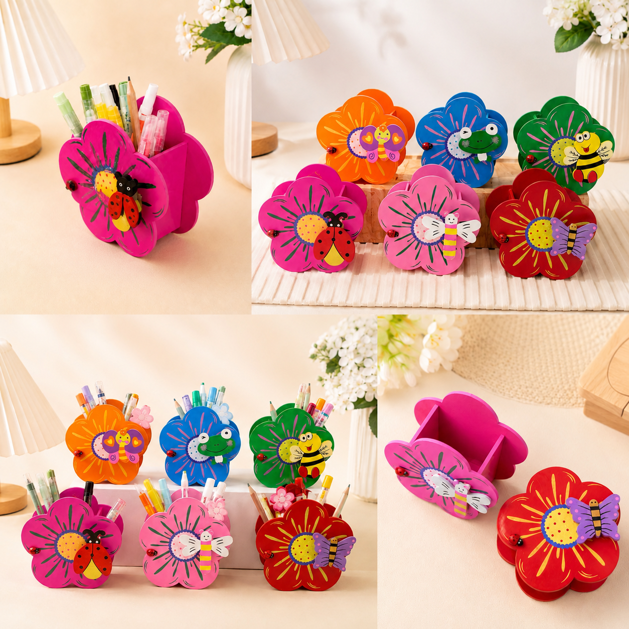 Wooden Floral Pen Holder