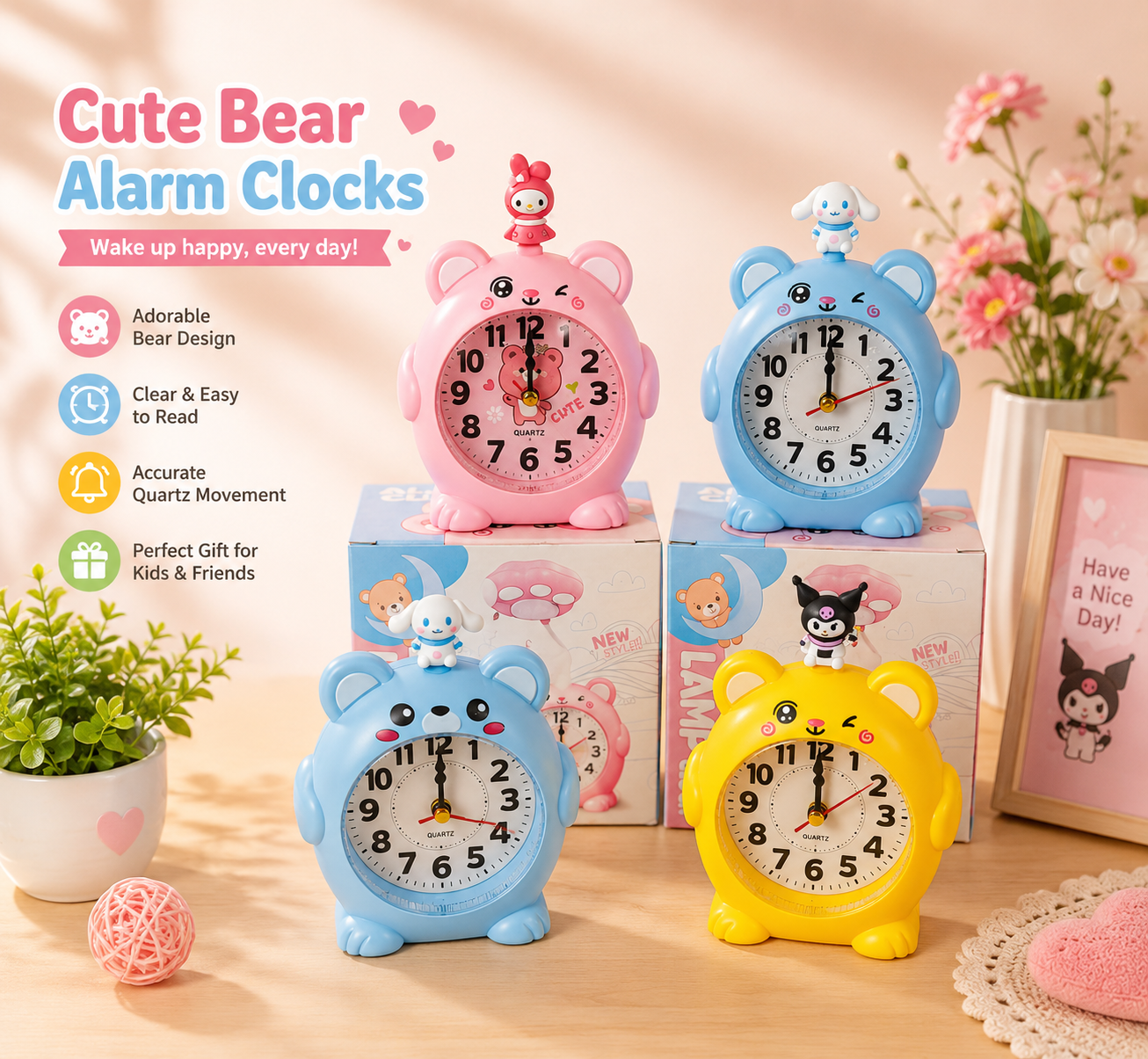 SANRIO TOY KIDS ALARM CLOCK With Penstand on back side.
