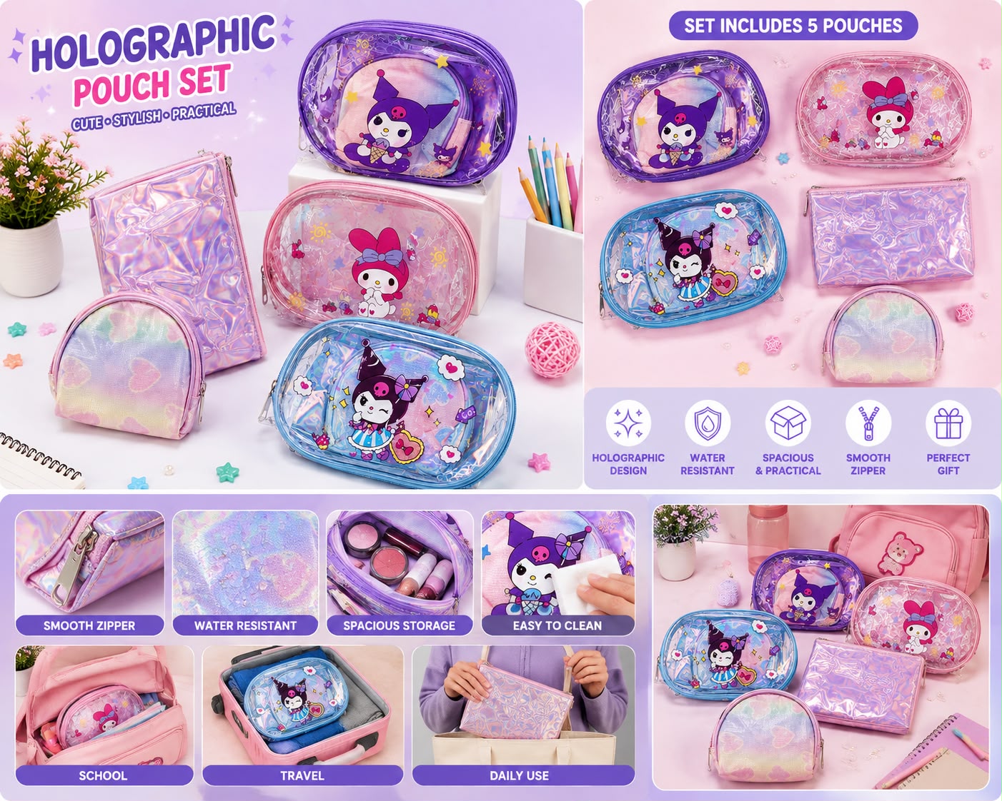 Kuromi Clear Travel Bag(Set of3 )