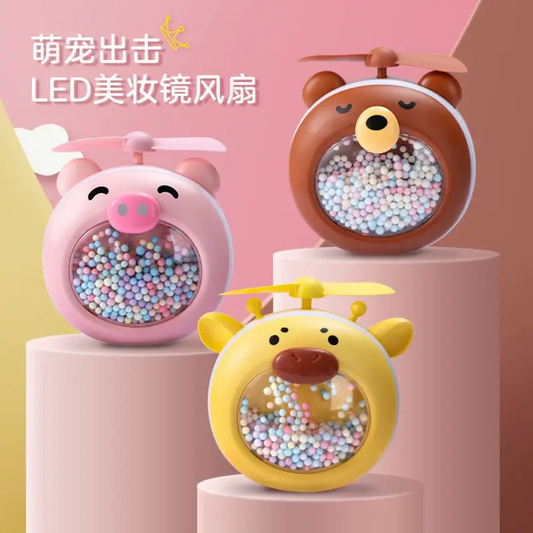 Cute Cartoon Character Shape Round Mirror with Fan & Light | Pocket Mirror | Charging Cable|Box Packing