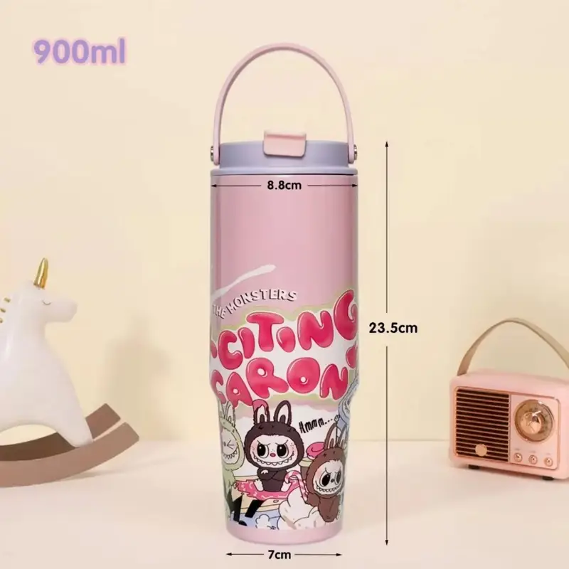 Labubu Stainless Steel Insulated Cartoon Printed Tumbler with Handle & Straw | Airtight & Leakproof | 900 ML | Assorted Colors & Prints | Box Packing