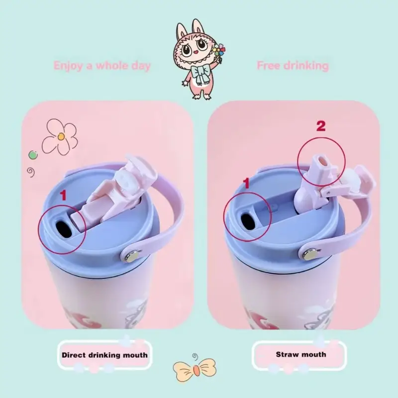 Labubu Stainless Steel Insulated Cartoon Printed Tumbler with Handle & Straw | Airtight & Leakproof | 900 ML | Assorted Colors & Prints | Box Packing