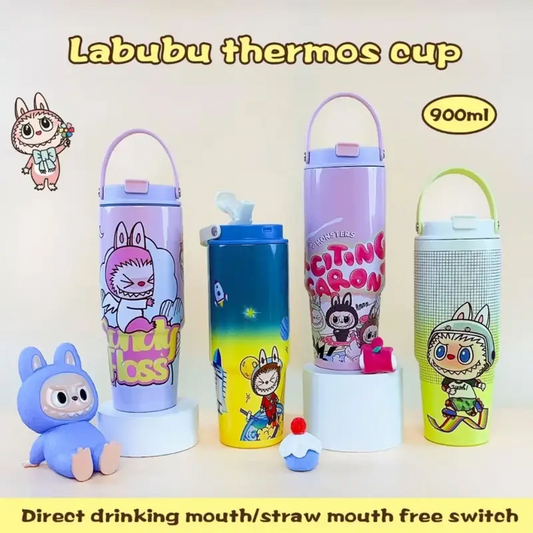 Labubu Stainless Steel Insulated Cartoon Printed Tumbler with Handle & Straw | Airtight & Leakproof | 900 ML | Assorted Colors & Prints | Box Packing