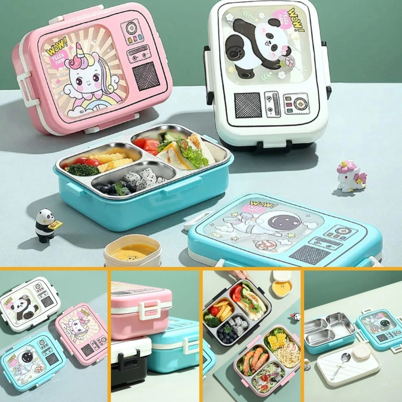 (7125) 3 COMPARMENT + SAUCE BOWL 820ML PRINTED STAINLESS STEEL 304 INSULATED LUNCH BOX