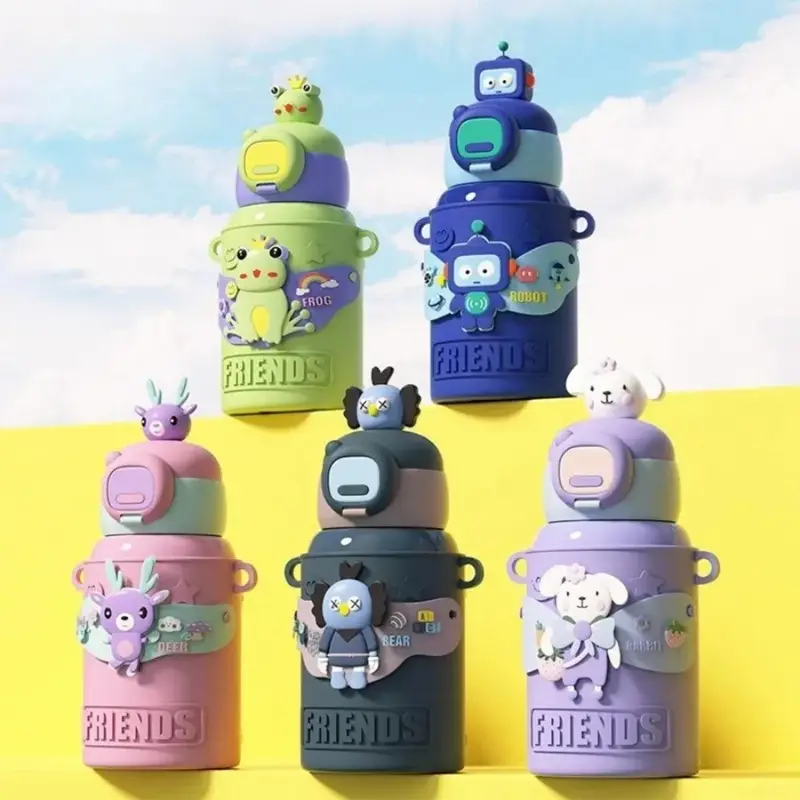 Warm Friends Premium Water Bottles| Stainless Steel Insulated water Bottle with Silicone Sleeves and Strap | Cute Cartoon Character Decorative Sipper for Kids | 450 Ml | Assorted Colors | Box Packing