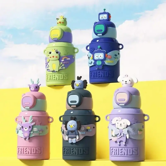 Warm Friends Premium Water Bottles| Stainless Steel Insulated water Bottle with Silicone Sleeves and Strap | Cute Cartoon Character Decorative Sipper for Kids | 450 Ml | Assorted Colors | Box Packing