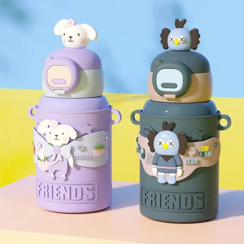 Warm Friends Premium Water Bottles| Stainless Steel Insulated water Bottle with Silicone Sleeves and Strap | Cute Cartoon Character Decorative Sipper for Kids | 450 Ml | Assorted Colors | Box Packing