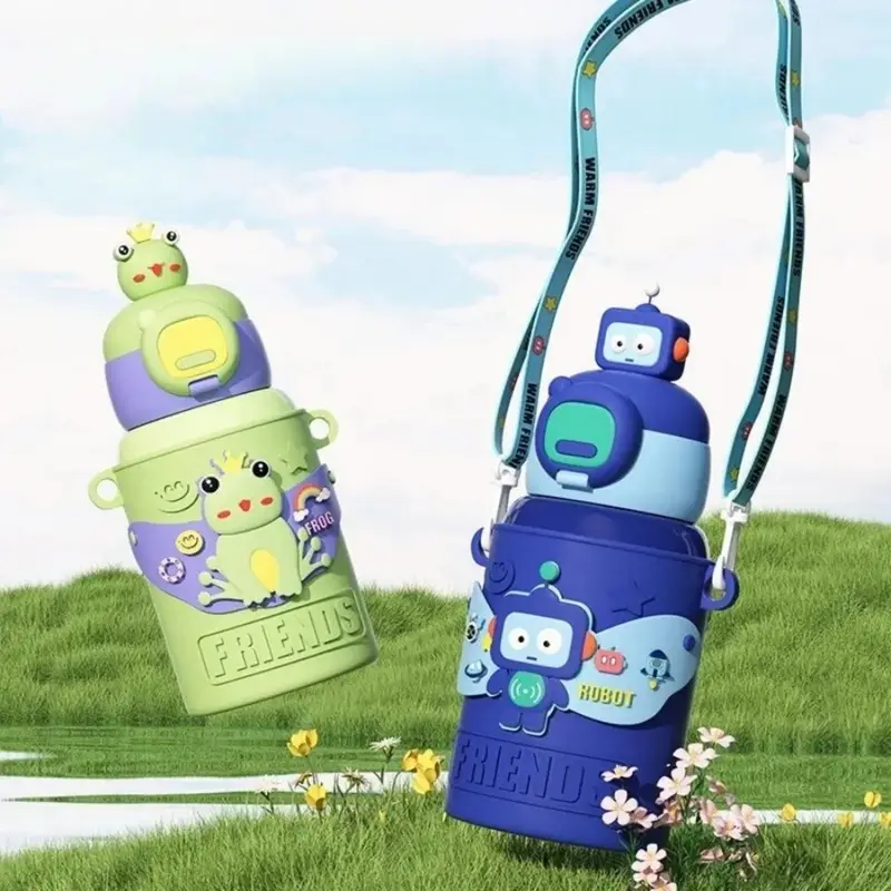 Warm Friends Premium Water Bottles| Stainless Steel Insulated water Bottle with Silicone Sleeves and Strap | Cute Cartoon Character Decorative Sipper for Kids | 450 Ml | Assorted Colors | Box Packing