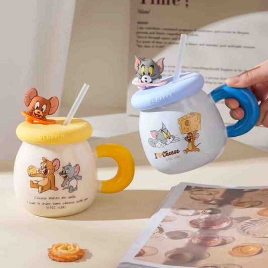 Tom & Jerry Cartoon Ceramic Mug with Lid & Straw