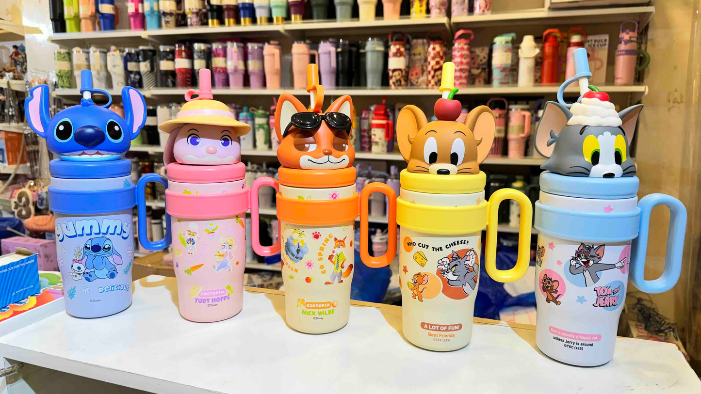 Cartoon Tumbler with Handle & Straw