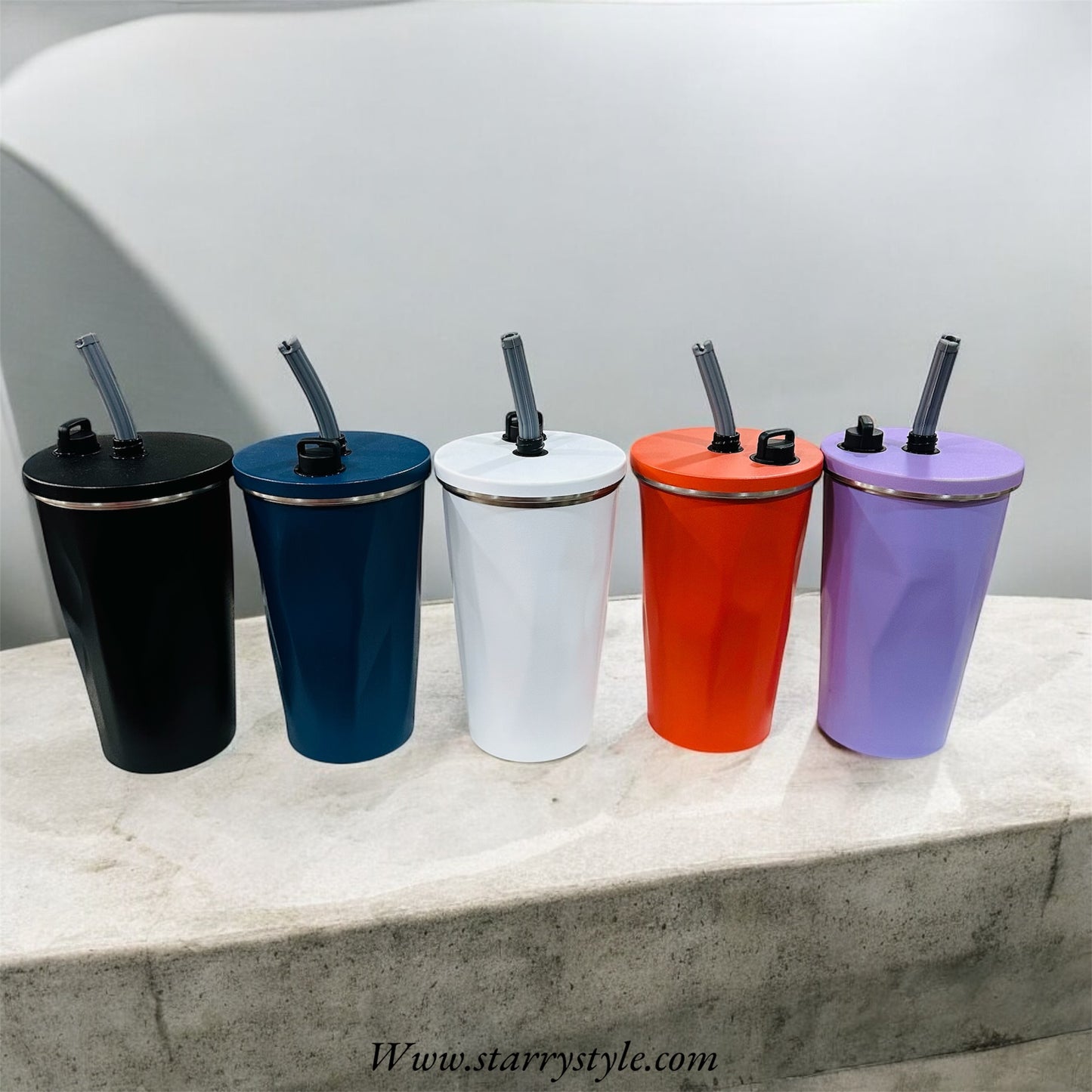 Stainless Steel Diamond Cut Coffee Cup with Steel Straw | Airtight Cap & Leak-Proof | 500 Ml | Assorted Colors | Box Packing